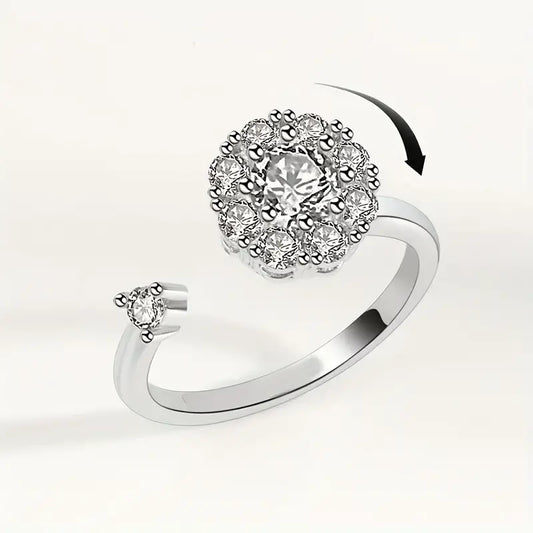 Chic Cuff Ring Rotatable Sparkling Flower Paved Shining zirconia Silvery Or Golden Make Your Call Trendy Fidget Ring