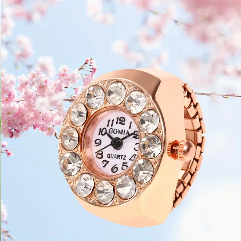 Student's Rhinestone Finger Ring Watch, Fashion Analog Finger Watch