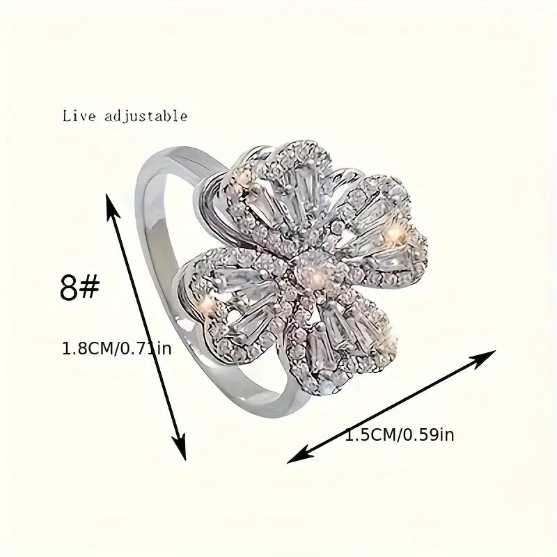 Elegant & Cute Rotating Clover zirconia Rings, Adjustable Open Rings For Women Lucky Ring