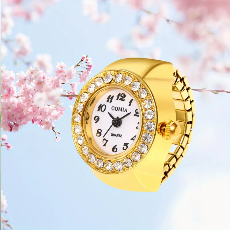 Student's Rhinestone Finger Ring Watch, Fashion Analog Finger Watch