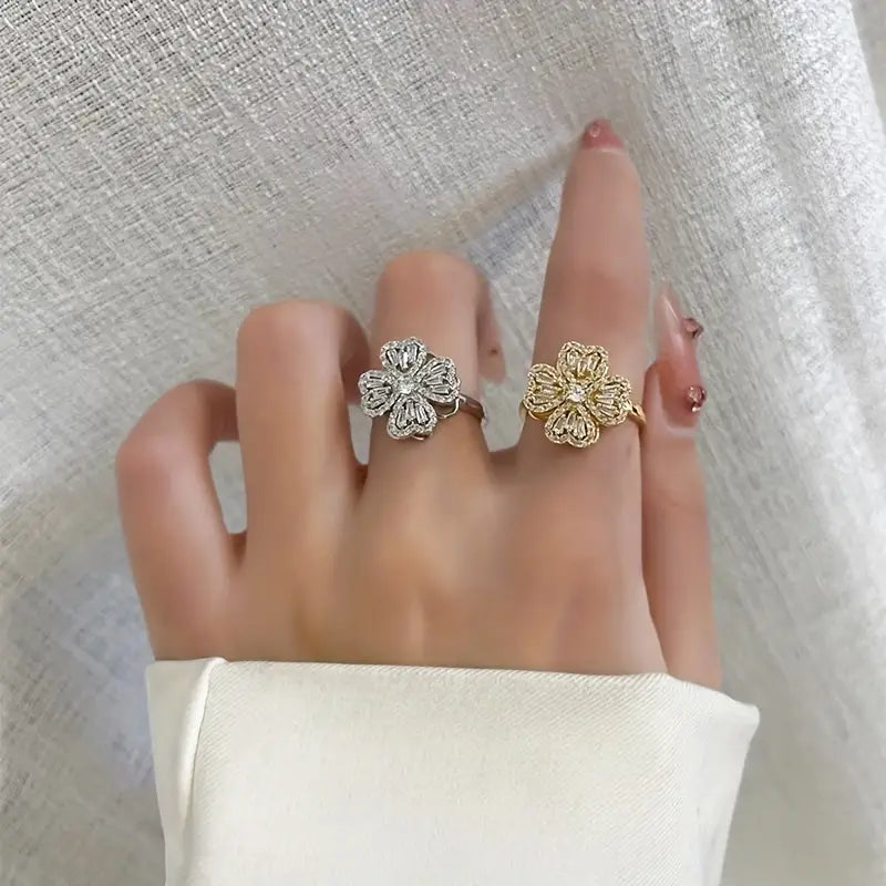 Elegant & Cute Rotating Clover zirconia Rings, Adjustable Open Rings For Women Lucky Ring