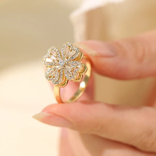 Elegant & Cute Rotating Clover zirconia Rings, Adjustable Open Rings For Women Lucky Ring