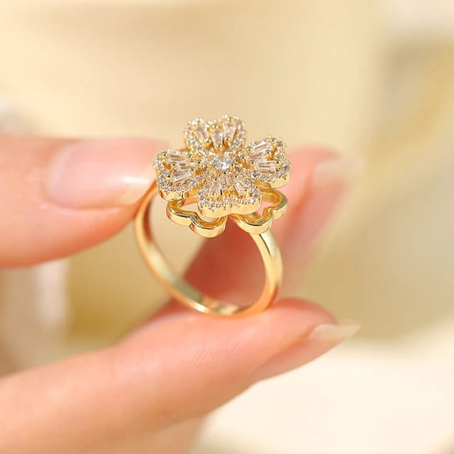 Elegant & Cute Rotating Clover zirconia Rings, Adjustable Open Rings For Women Lucky Ring