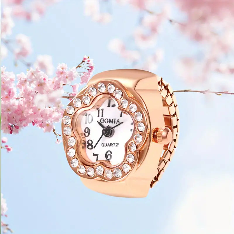 Student's Rhinestone Finger Ring Watch, Fashion Analog Finger Watch