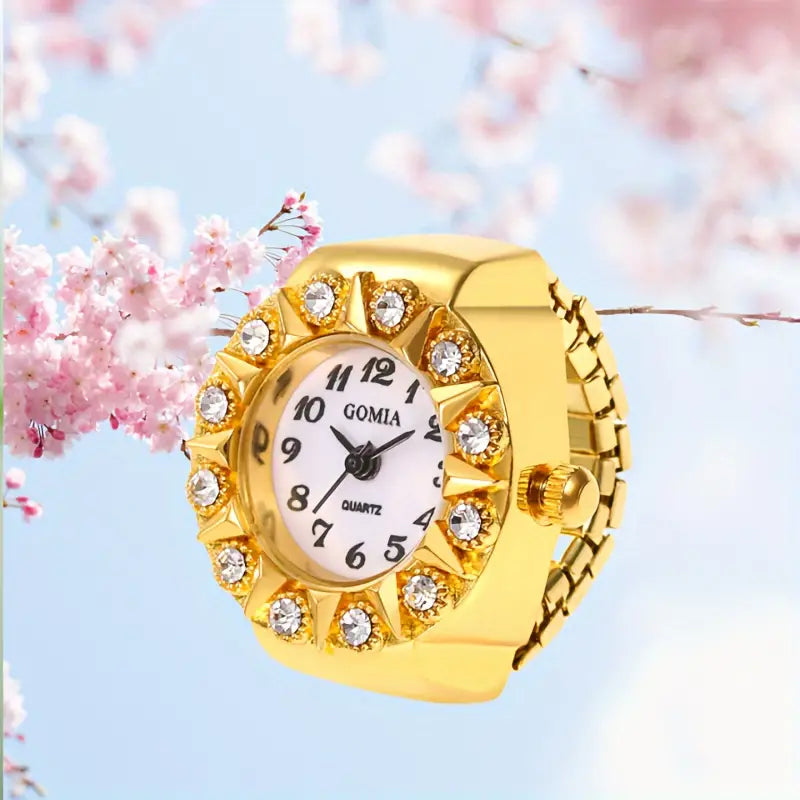 Student's Rhinestone Finger Ring Watch, Fashion Analog Finger Watch