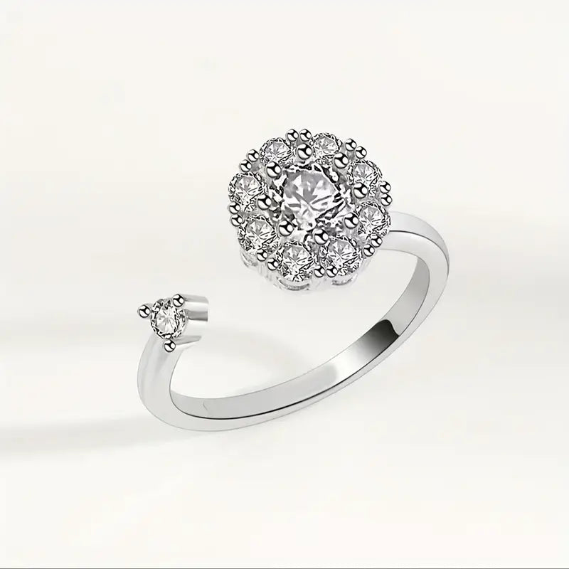 Chic Cuff Ring Rotatable Sparkling Flower Paved Shining zirconia Silvery Or Golden Make Your Call Trendy Fidget Ring